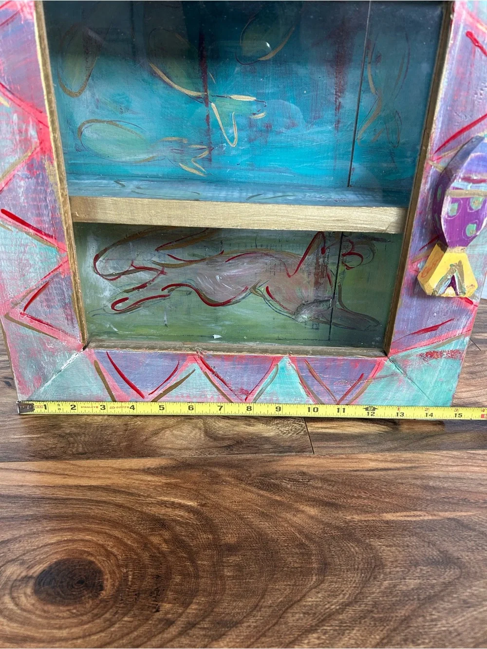Hand Painted Folk Art Wall Cabinet Coastal Fish Motif Beach Rustic Wooden Shadow